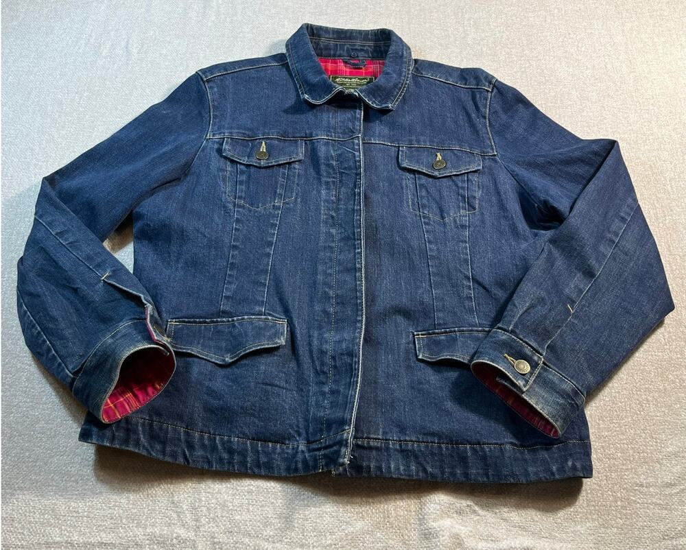 Eddie Bauer Women’s XL Blue Denim Jean Jacket Flannel-Lined Button Front Jacket